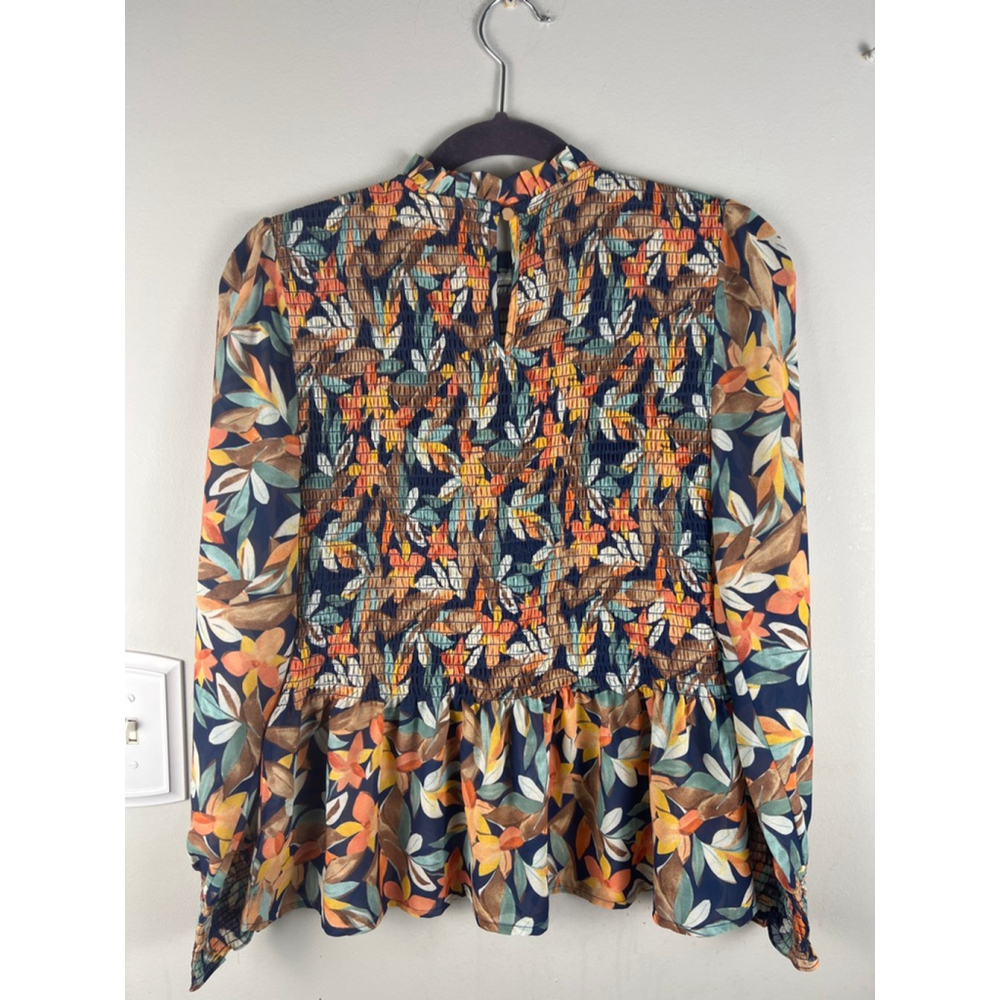 THML XS Smocked Floral Blouse Boho Peplum Long Sleeve Ruffle Neck Boho - Picture 4 of 4
